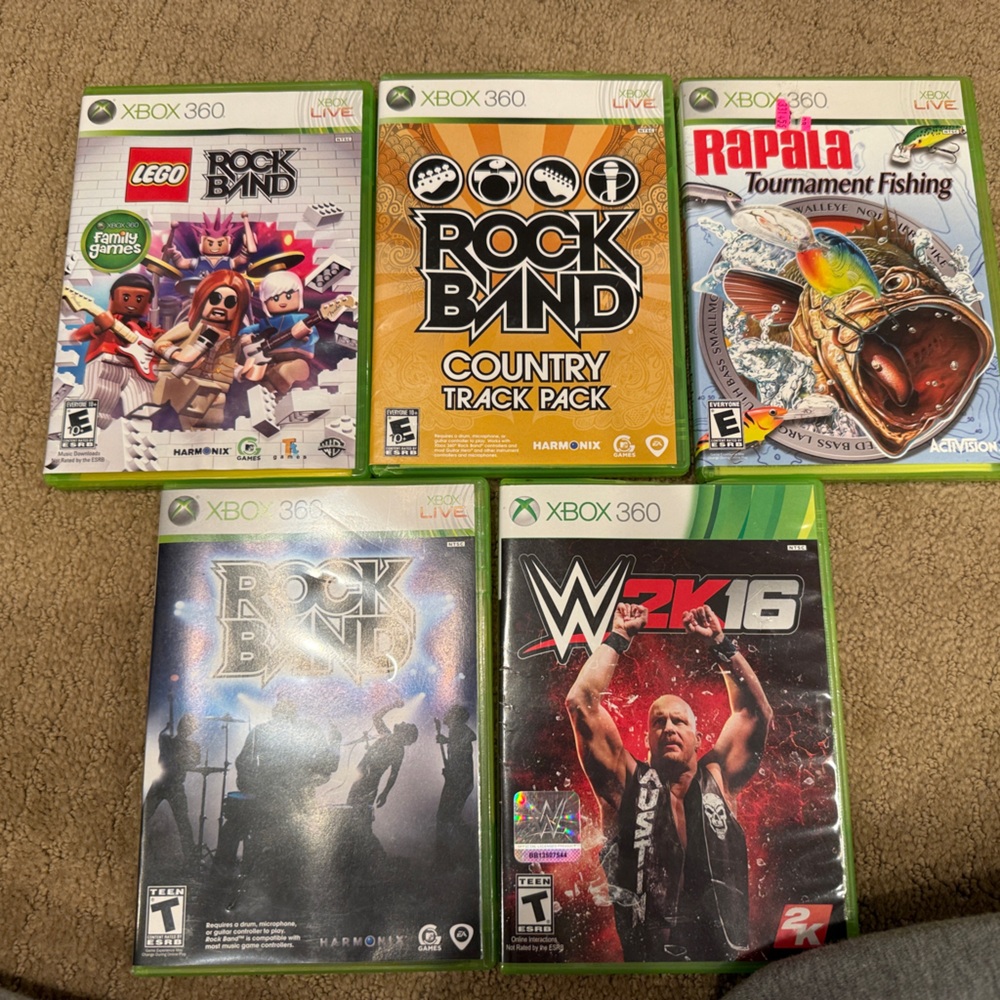 360 Video Game Bundle - Rock Band, WWE 2K16, Rapala Fishing